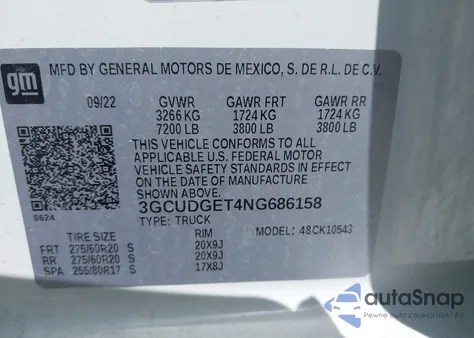 2022 Chevrolet Silverado 1500 z USA, uszkodzony, nr VIN 3GCUDGET4NG686158